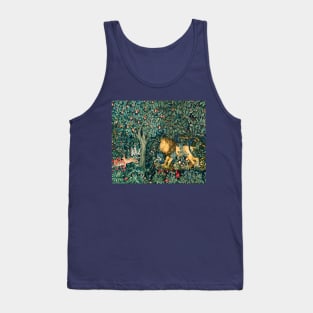 GREENERY, FOREST ANIMALS Lion and Hares Blue Green Floral Tank Top